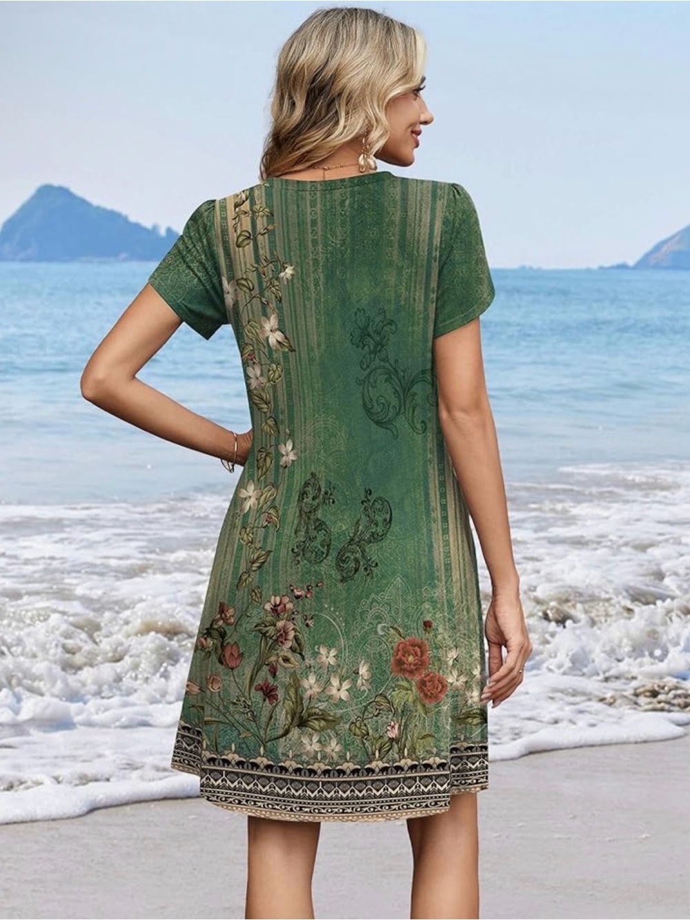 Green Floral V-Neck Short Sleeve Dress size S,M,L,XL, XXL - Picture 3 of 4